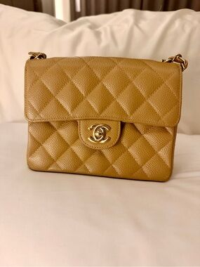 CHANEL mini single flap Beige Quilted Caviar Leather Crossbody Bag Gold Hardware